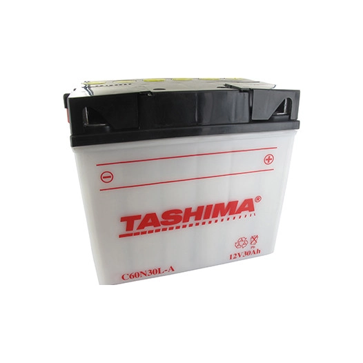 Batterie plomb TASHIMA renforcée 12V, 30A. L: 184, l: 124, H:175mm, + à droite pour motos, jet-ski. (livrée avec acide séparé).