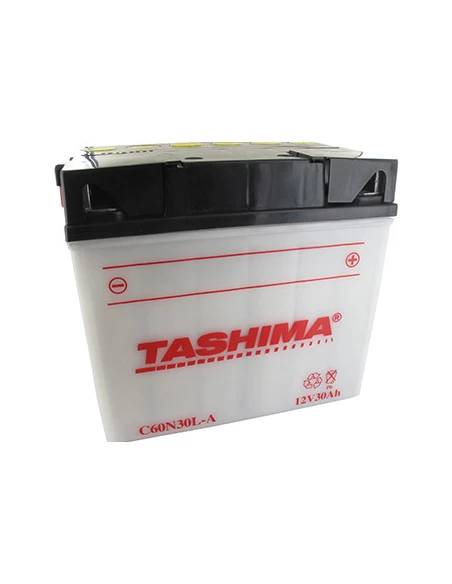 Batterie plomb TASHIMA renforcée 12V, 30A. L: 184, l: 124, H:175mm, + à droite pour motos, jet-ski. (livrée avec acide séparé).