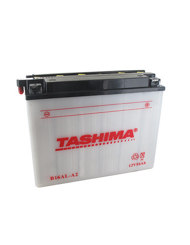 Batterie plomb TASHIMA renforcée 12V, 16A. L: 207, l: 71,5, H:164mm, + à droite pour motos, motoneige. (livrée avec acide séparé
