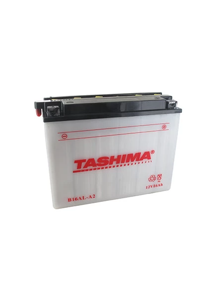 Batterie plomb TASHIMA renforcée 12V, 16A. L: 207, l: 71,5, H:164mm, + à droite pour motos, motoneige. (livrée avec acide séparé