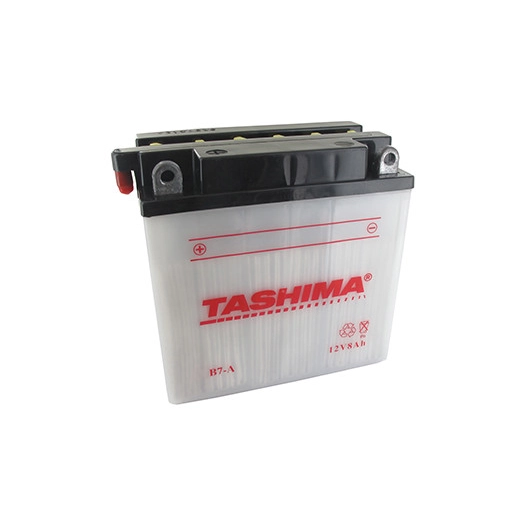 Batterie plomb TASHIMA renforcée 12V, 8A. L: 130, l: 75, H: 133mm, + à gauche pour scooter motos, motoneige. (livrée avec acide
