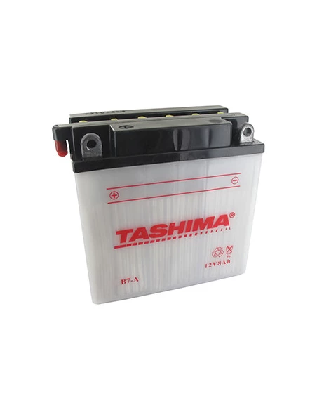 Batterie plomb TASHIMA renforcée 12V, 8A. L: 130, l: 75, H: 133mm, + à gauche pour scooter motos, motoneige. (livrée avec acide