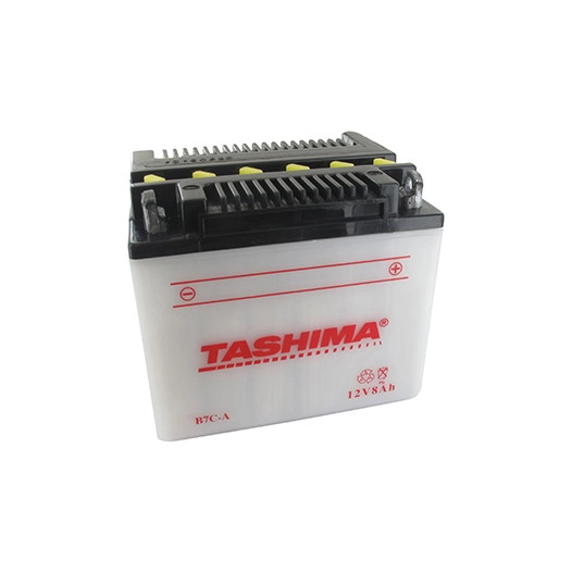Batterie plomb TASHIMA renforcée 12V, 8A. L: 130, l: 90, H: 114mm, + à droite pour scooter, motos. (livrée avec acide séparé). -