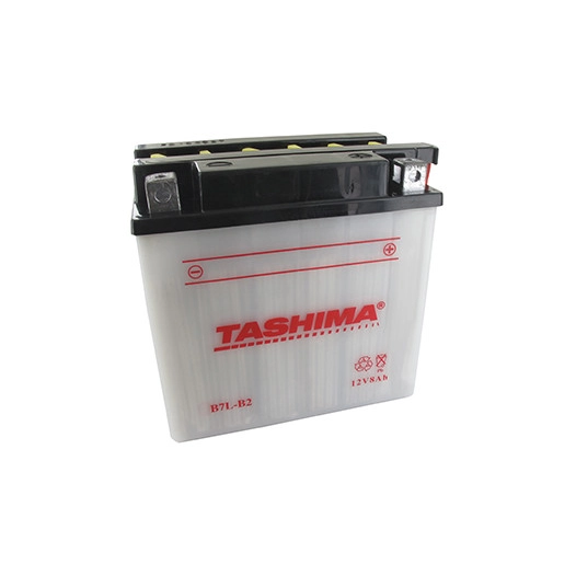 Batterie plomb TASHIMA renforcée 12V, 8A. L: 135, l: 75, H: 133mm, + à droite pour motos, motoneige. (livrée avec acide séparé).