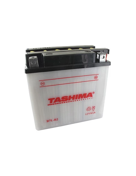Batterie plomb TASHIMA renforcée 12V, 8A. L: 135, l: 75, H: 133mm, + à droite pour motos, motoneige. (livrée avec acide séparé).