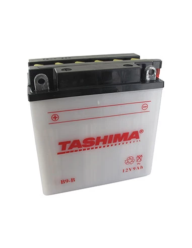 Batterie plomb TASHIMA renforcée 12V, 9A. L: 135, l: 75, H: 139mm, + à gauche. Pour scooter, motos. (livrée avec acide séparé).