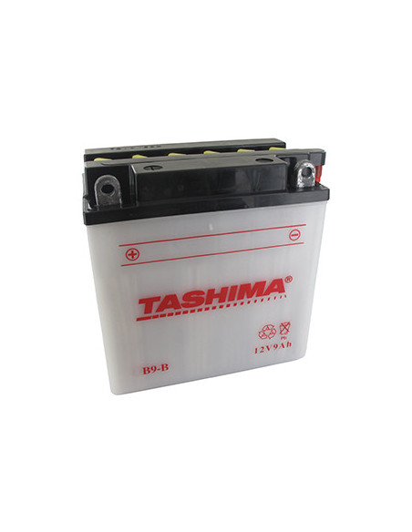 Batterie plomb TASHIMA renforcée 12V, 9A. L: 135, l: 75, H: 139mm, + à gauche. Pour scooter, motos. (livrée avec acide séparé).