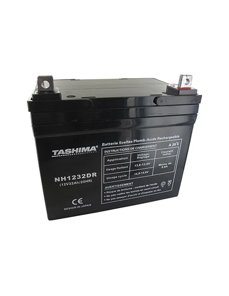 Batterie TASHIMA gel/agm 100% étanche 12V, 32A pour tondeuse autoportée. L: 195, l: 130, h: 180, + à droite. - Batterie à mettre
