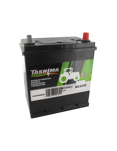Batterie plomb TASHIMA Pb Ca/Ca, sans entretien, pour tondeuse autoportée 12V, 35A. L: 196, l: 128, H:225mm, + à droite, avec bo