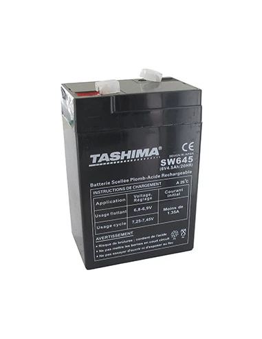 Batterie TASHIMA gel/agm 6V, 4,5A pour lampe torche rechargeable, alarme. L: 70, l: 48, H: 106mm, + à gauche. - Batterie à mettr