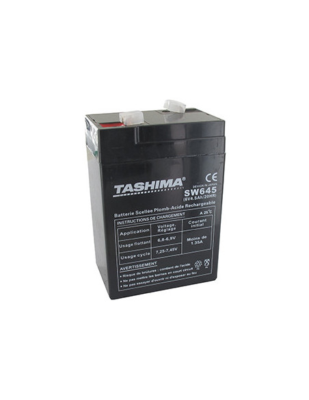 Batterie TASHIMA gel/agm 6V, 4,5A pour lampe torche rechargeable, alarme. L: 70, l: 48, H: 106mm, + à gauche. - Batterie à mettr
