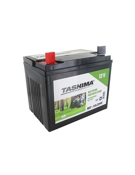 Batterie pour tondeuse autoportée 12V chargée sans entretien, 32A. L: 196, L: 131, H:184mm, + à gauche. Remplace origine: U1L32.