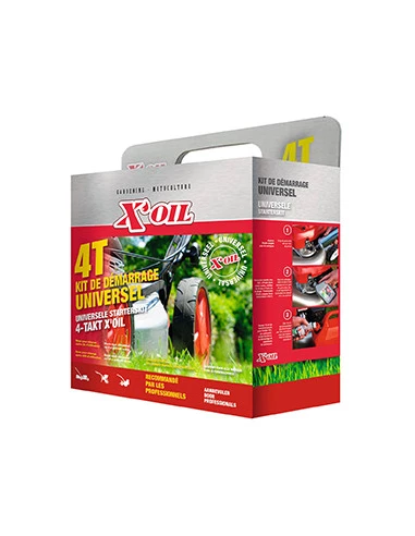 Kit de démarrage universel 4 Temps pour tondeuse, composé de: 1 seringue de vidange, 2 bidons d'huile 4 temps 0.6 L, 1 additif s