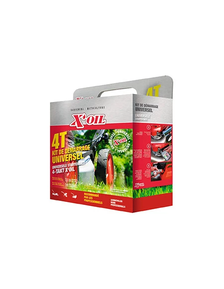 Kit de démarrage universel 4 Temps pour tondeuse, composé de: 1 seringue de vidange, 2 bidons d'huile 4 temps 0.6 L, 1 additif s