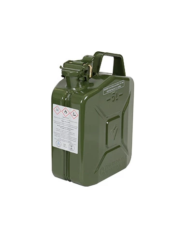 Jerrican métallique 5 litres. Peinture extérieure à la poudre couleur vert armée. Traitement intérieur antirouille et résistant