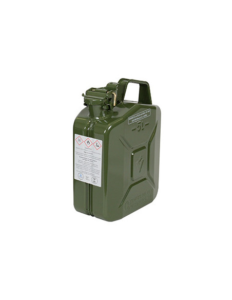 Jerrican métallique 5 litres. Peinture extérieure à la poudre couleur vert armée. Traitement intérieur antirouille et résistant