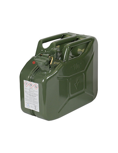 Jerrican métallique 10 litres. Peinture extérieure à la poudre couleur vert armée. Traitement intéri
