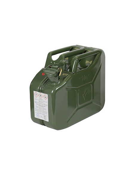 Jerrican métallique 10 litres. Peinture extérieure à la poudre couleur vert armée. Traitement intéri