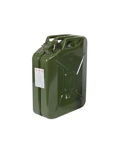 Jerrican métallique 20 litres. Peinture extérieure à la poudre couleur vert armée. Traitement intéri