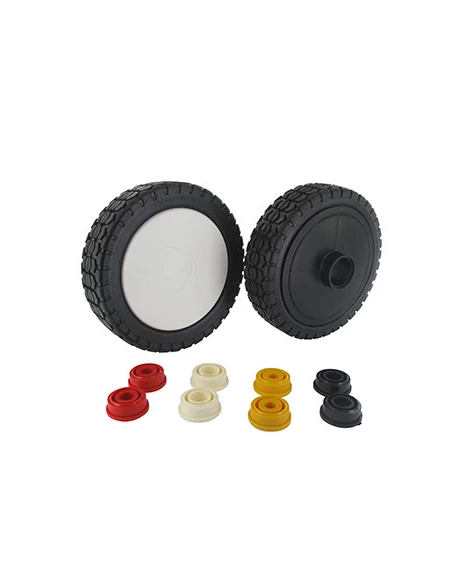 Roue en plastique universelle sur Bague - Ø: ext: 150mm - Livrée avec enjoliveur et 4 jeux de Bagues de réduction 8, 10, 12 et 1