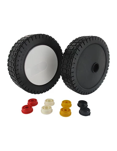 Roue en plastique universelle sur Bague - Ø: ext: 200mm - Livrée avec enjoliveur et 4 jeux de Bagues de réduction 8, 10, 12 et 1