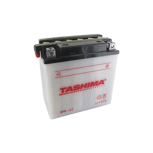 Batterie plomb TASHIMA renforcée 12V, 9A. L: 135, l: 75, H: 139mm, + à droite pour motos, quads. (livrée avec acide séparé). - B