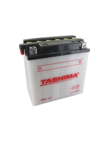 Batterie plomb TASHIMA renforcée 12V, 9A. L: 135, l: 75, H: 139mm, + à droite pour motos, quads. (livrée avec acide séparé). - B