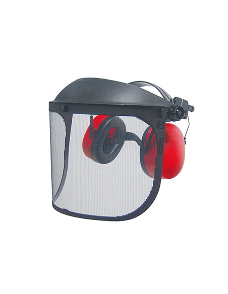 Visière de protection grillagée relevable (classe F) et anti-bruit (26dB), modèle professionnel. Largeur visière: 370mm, H: 190m