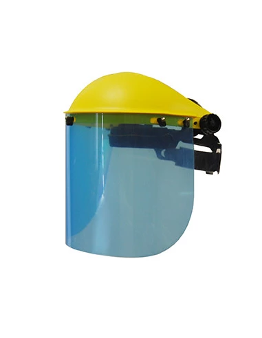 Visière de protection professionnelle à écran plastique polycarbonate relevable. Réglage du tour de tête par crémaillère. Norme