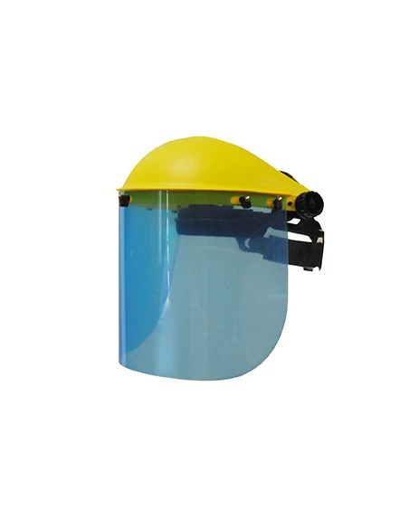 Visière de protection professionnelle à écran plastique polycarbonate relevable. Réglage du tour de tête par crémaillère. Norme