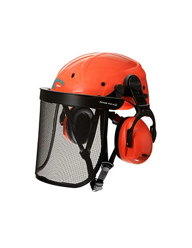 Casque d'élagage pour travaux en hauteur. ABS avec protection intérieure en EPS haute densité et doublure, sans bavette, visière