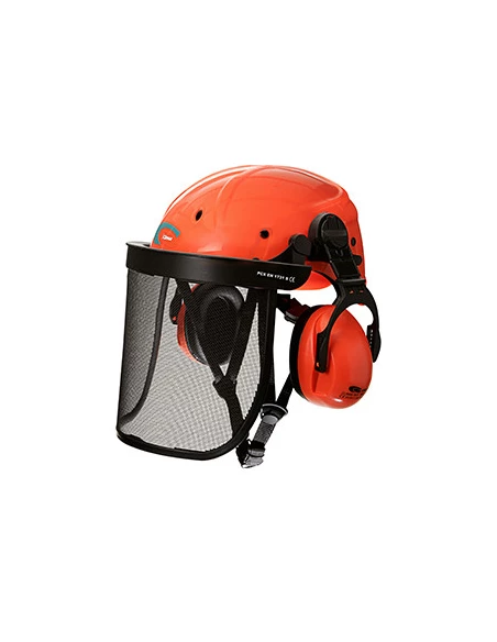 Casque d'élagage pour travaux en hauteur. ABS avec protection intérieure en EPS haute densité et doublure, sans bavette, visière
