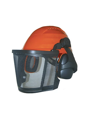 Casque de protection forestier, grille à maillage étroit, anti-bruit 26dB relevables et bandeau anti sudation.Normes CE: EN352,