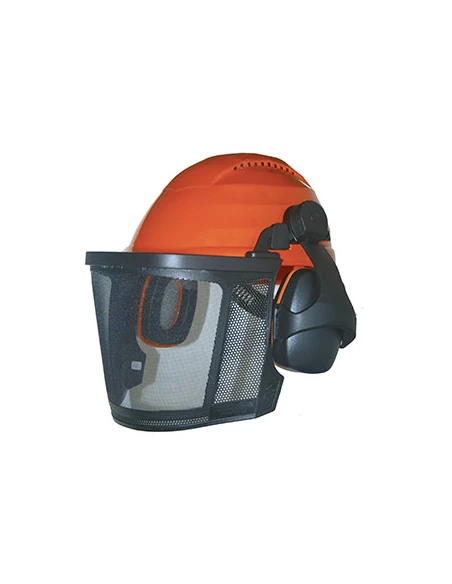 Casque de protection forestier, grille à maillage étroit, anti-bruit 26dB relevables et bandeau anti sudation.Normes CE: EN352,
