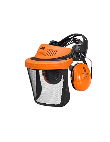 Combinaison multisystème 3M™ Peltor™ avec coiffe G500 orange, visière de protection grillagée relevable en acier inoxydable 1,8