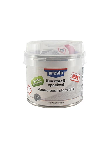 Mastic polyester noir bicomposant pour le rebouchage des rayures et dommages et lka retouche des pièces en plastqiue collées. S'