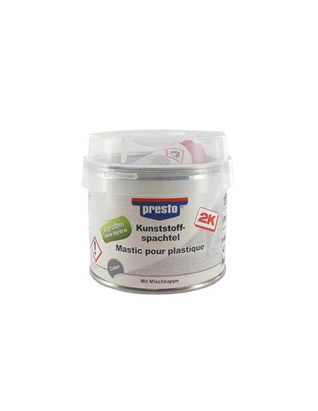 Mastic polyester noir bicomposant pour le rebouchage des rayures et dommages et lka retouche des pièces en plastqiue collées. S'