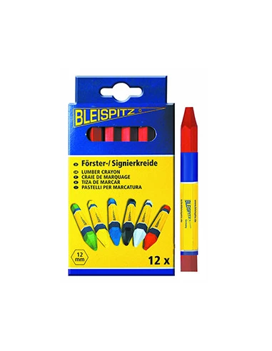 Boite de 12 craies de marquage forestière rouge. Pour surfaces sèches ou humides. Résiste aux intempéries. Hexagonale. 120x12mm.