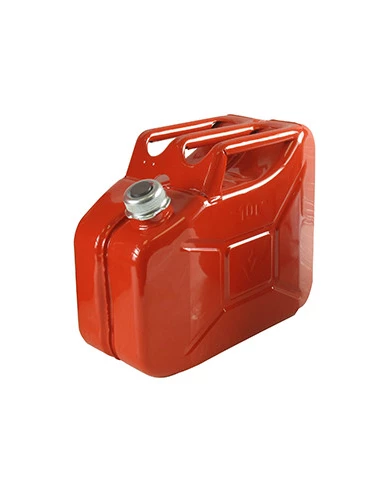 Jerrican métallique 10 litres. Peinture extérieure à la poudre de couleur rouge. Traitement intérieur antirouille et résistant à