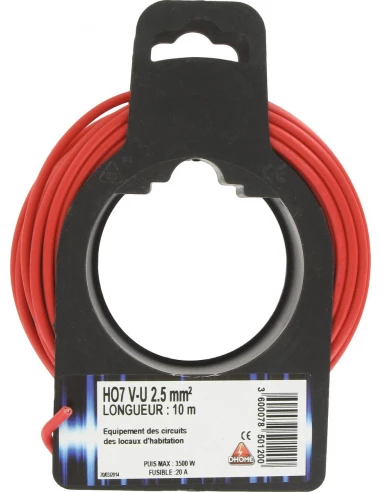 Fil électrique H07 v-u 2,5 mm² 10 rouge