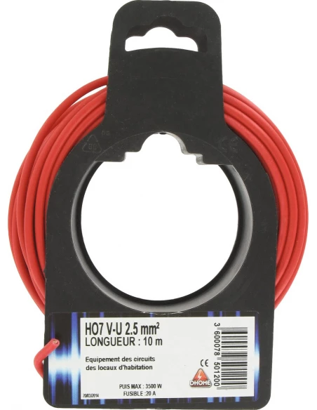 Fil électrique H07 v-u 2,5 mm² 10 rouge