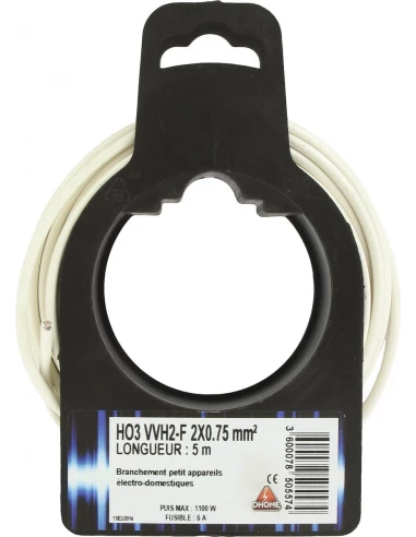 Fil électrique H03 vvh 2-f ovoide 2 x 0,75 mm² 5 blanc