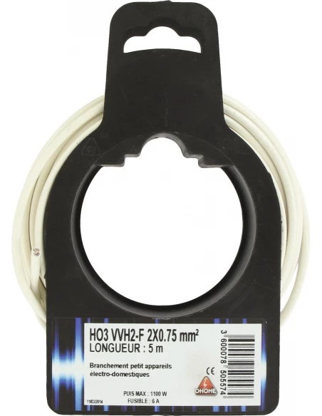 Fil électrique H03 vvh 2-f ovoide 2 x 0,75 mm² 5 blanc