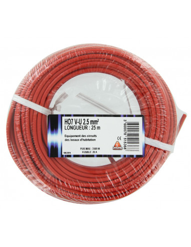 Fil électrique H07 v-u 2,5 mm² 25 rouge