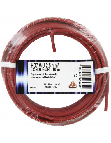 Fil électrique H07 v-u 2,5 mm² 10 rouge