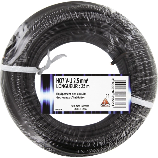 Fil électrique H07 v-u 2,5 mm² 25 mêtres noir