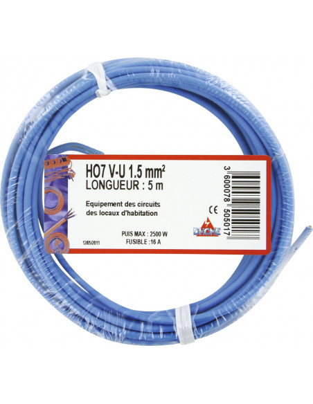 Fil électrique H07 v-u 1,5 mm² 5 bleu