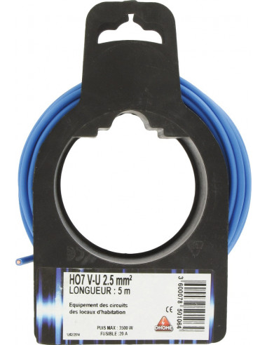 Fil électrique H07 v-u 2,5 mm² 5 bleu