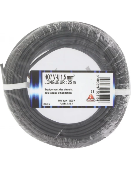 Fil électrique H07 v-u 1,5 mm² 25 noir