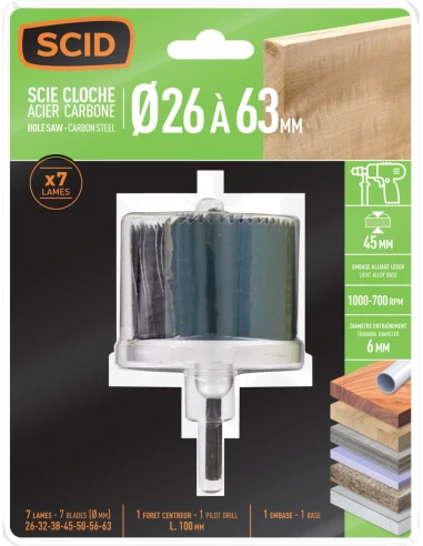 Scie cloche multilames acier 26 - 32 - 38 - 45 - 50 - 56 - 63 p 50 mm